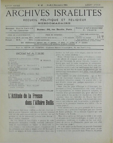 Archives israélites de France. Vol.74 N°49 (04 déc. 1913)